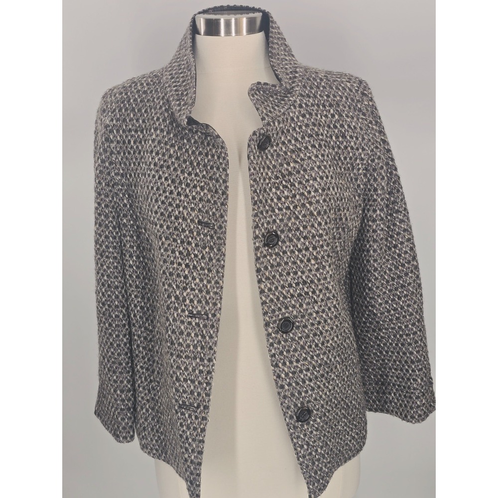 Yansi Fugel Sz 14 Gray Brown Boucle Swing Jacket Lined 3/4 Sleeve High Neck Vtg